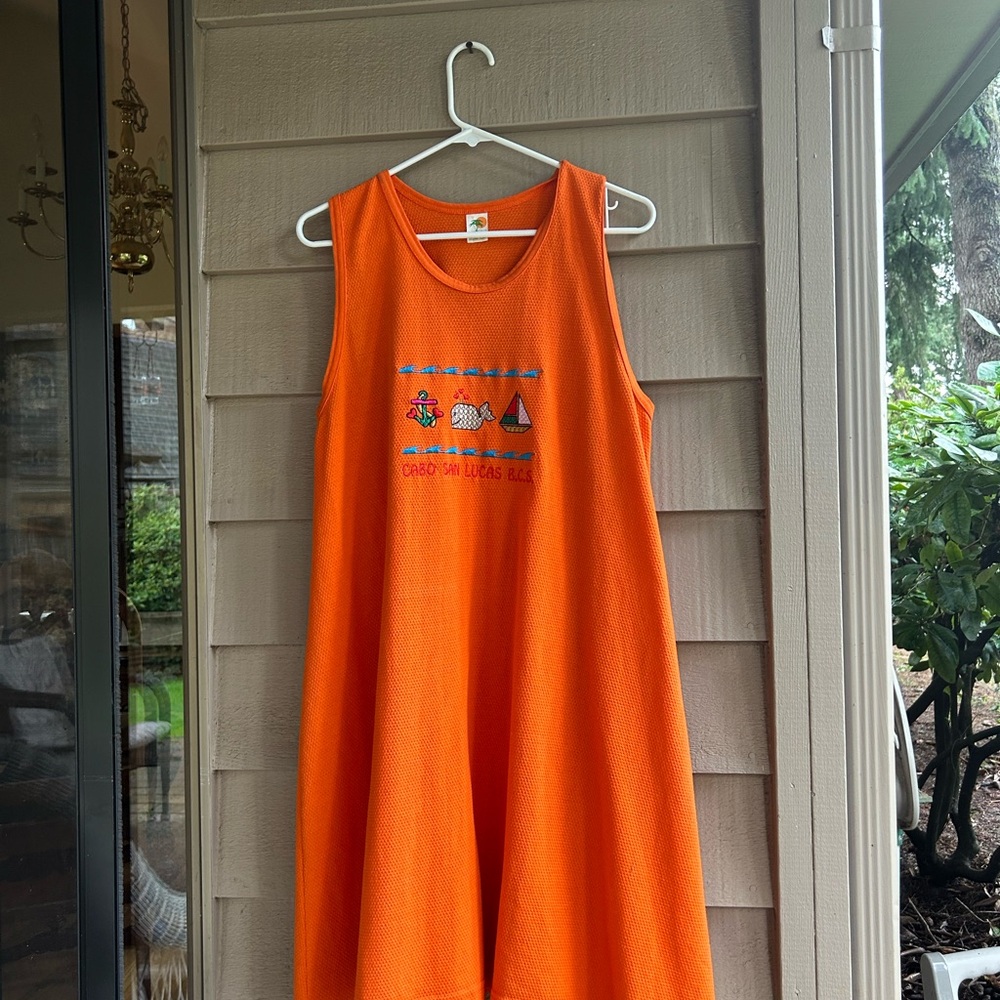 Beach wear Cabo San Lucas Orange textured Sleeveless Dress with Embroidery